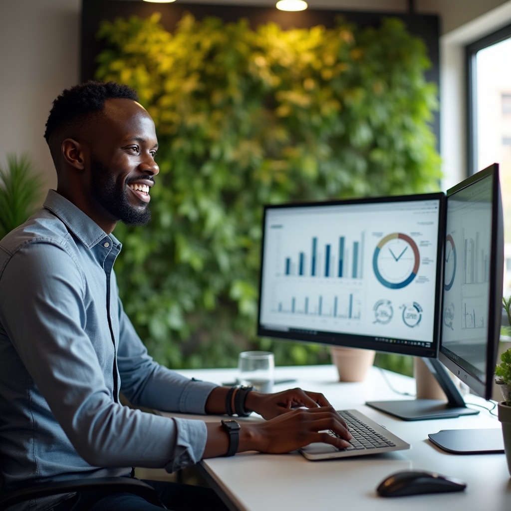 Senior data analyst reviewing property market trends on multiple monitors